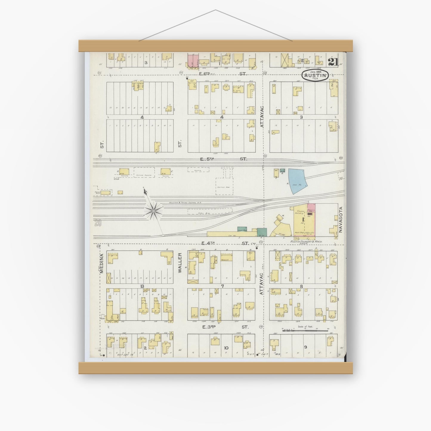 Old map wall art mockup — magnetic wood frame on white wall — Sanborn Fire Insurance Map from Austin, Travis County, Texas (1894), Sheet #0021
