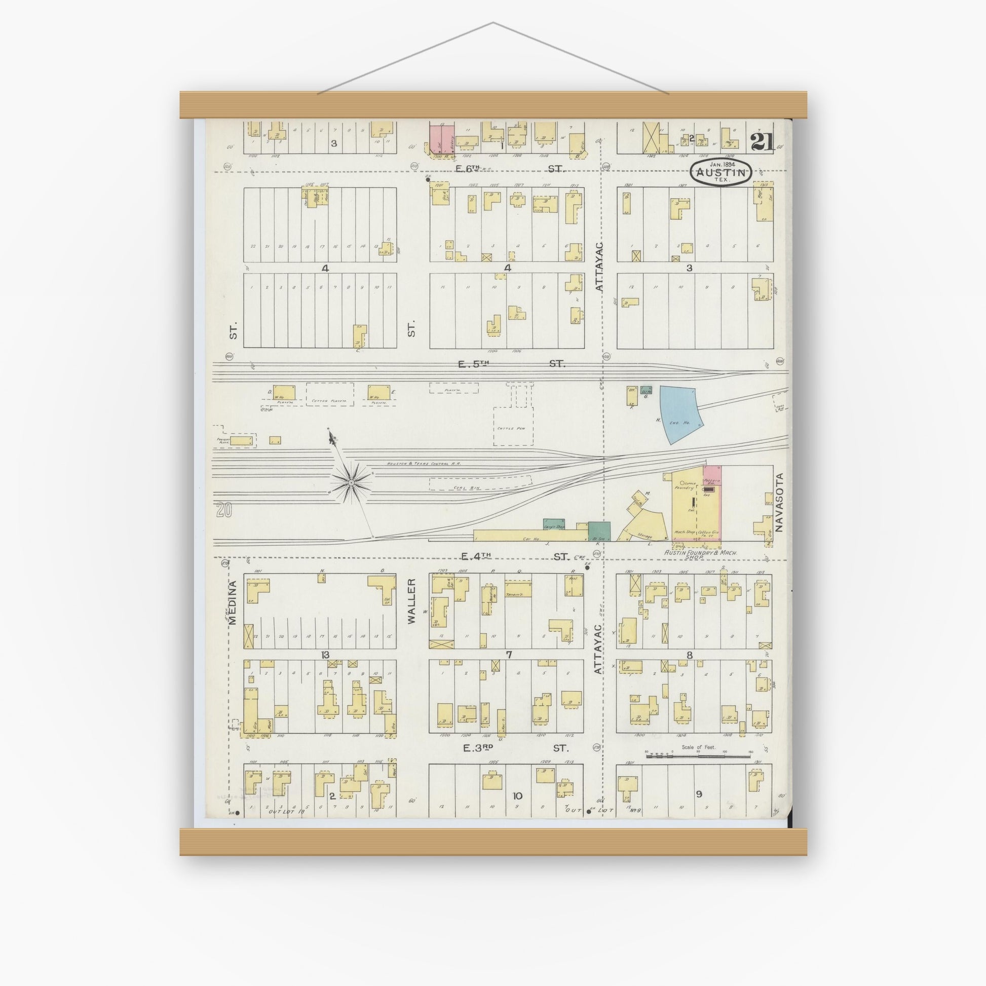 Old map wall art mockup — magnetic wood frame on white wall — Sanborn Fire Insurance Map from Austin, Travis County, Texas (1894), Sheet #0021