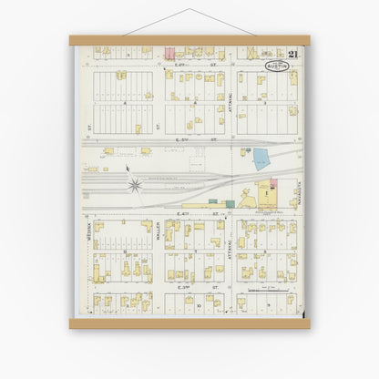 Old map wall art mockup — magnetic wood frame on white wall — Sanborn Fire Insurance Map from Austin, Travis County, Texas (1894), Sheet #0021