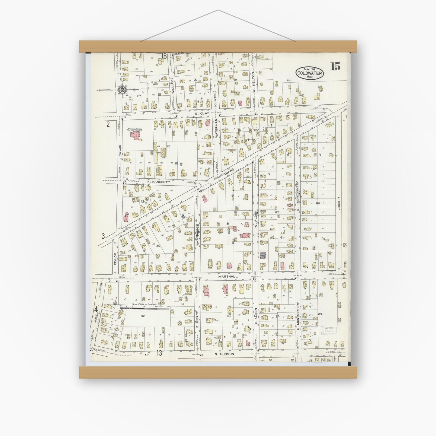 Old map wall art mockup — magnetic wood frame on white wall — Sanborn Fire Insurance Map from Coldwater, Branch County, Michigan (1914), Sheet #0015