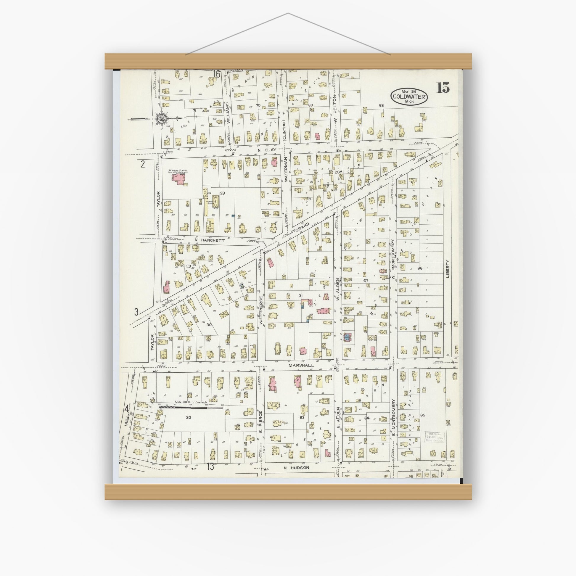 Old map wall art mockup — magnetic wood frame on white wall — Sanborn Fire Insurance Map from Coldwater, Branch County, Michigan (1914), Sheet #0015
