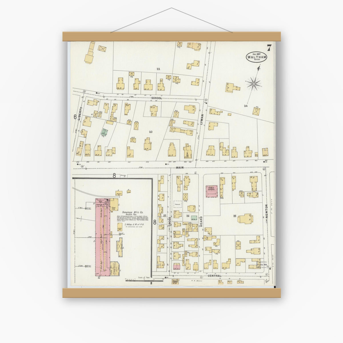 Old map wall art mockup — magnetic wood frame on white wall — Sanborn Fire Insurance Map from Waltham, Middlesex County, Massachusetts (1897), Sheet #0007
