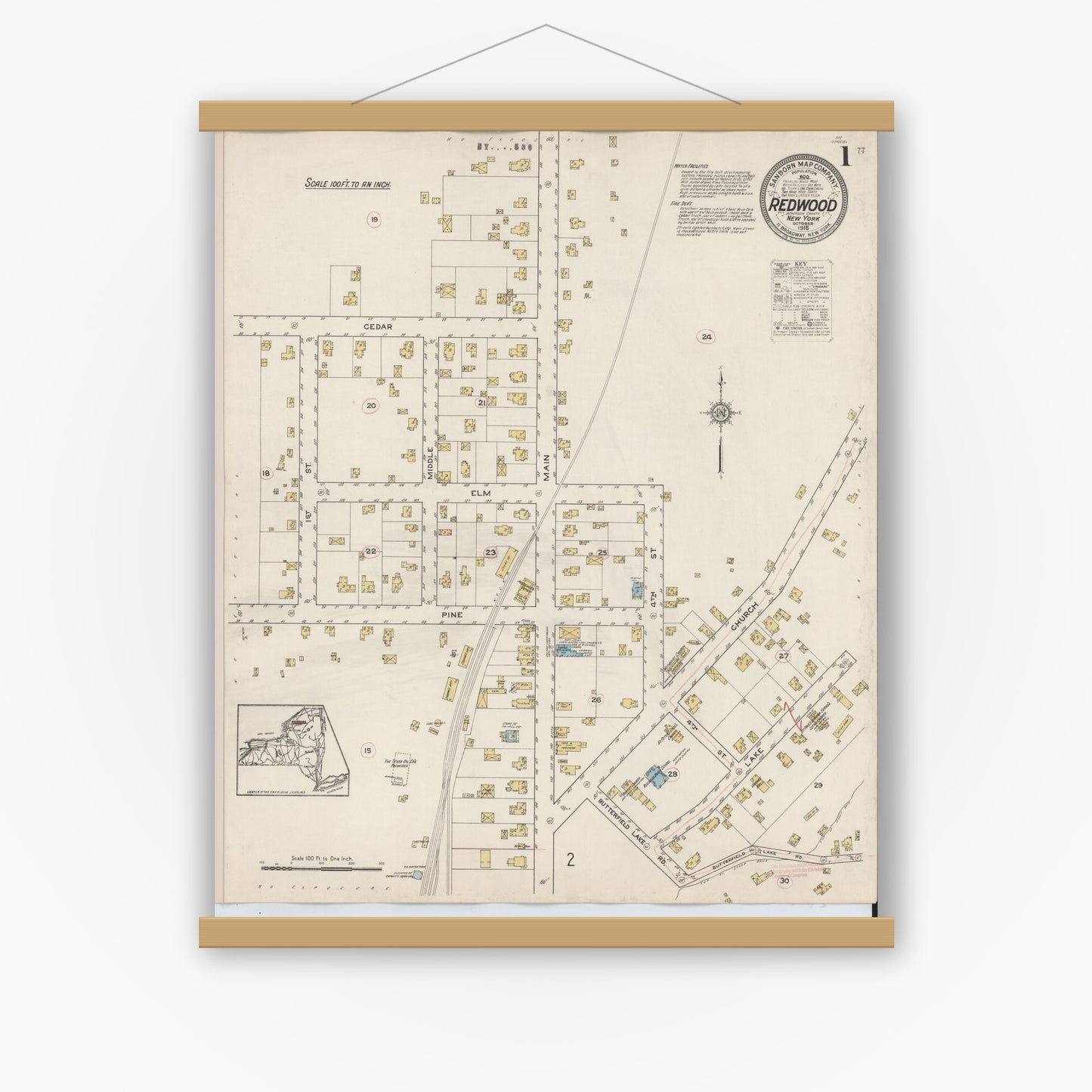 Old map wall art mockup — magnetic wood frame on white wall — Sanborn Fire Insurance Map from Redwood, Jefferson County, New York (1915) - Complete Map Set