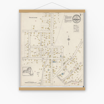 Old map wall art mockup — magnetic wood frame on white wall — Sanborn Fire Insurance Map from Redwood, Jefferson County, New York (1915) - Complete Map Set