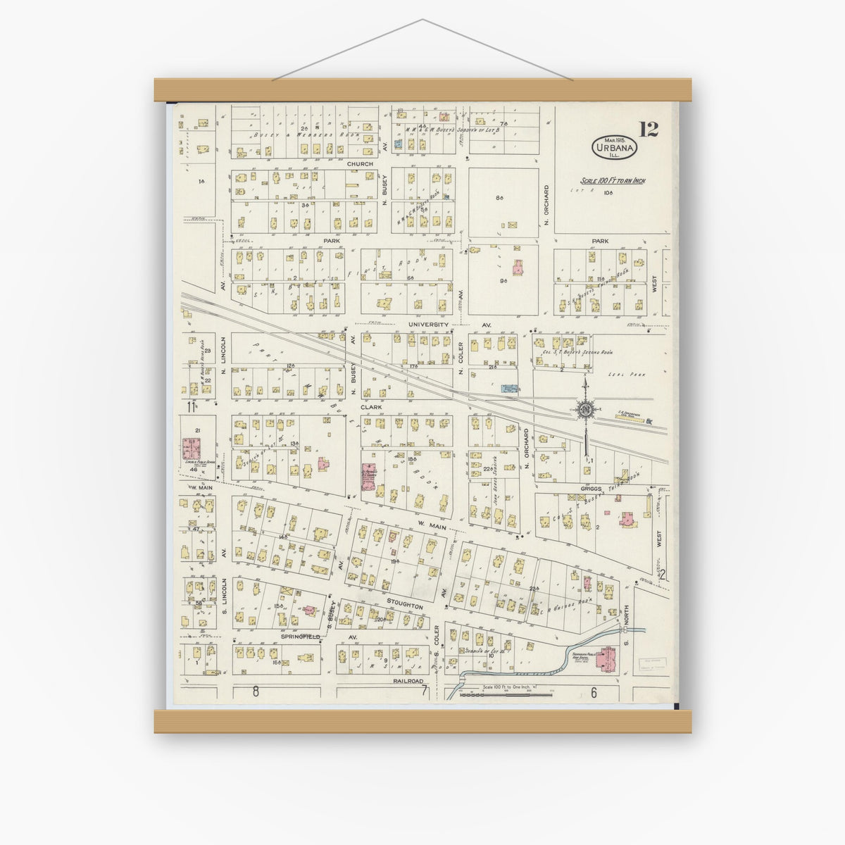 Old map wall art mockup — magnetic wood frame on white wall — Sanborn Fire Insurance Map from Urbana, Champaign County, Illinois (1915), Sheet #0012
