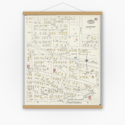 Old map wall art mockup — magnetic wood frame on white wall — Sanborn Fire Insurance Map from Urbana, Champaign County, Illinois (1915), Sheet #0012