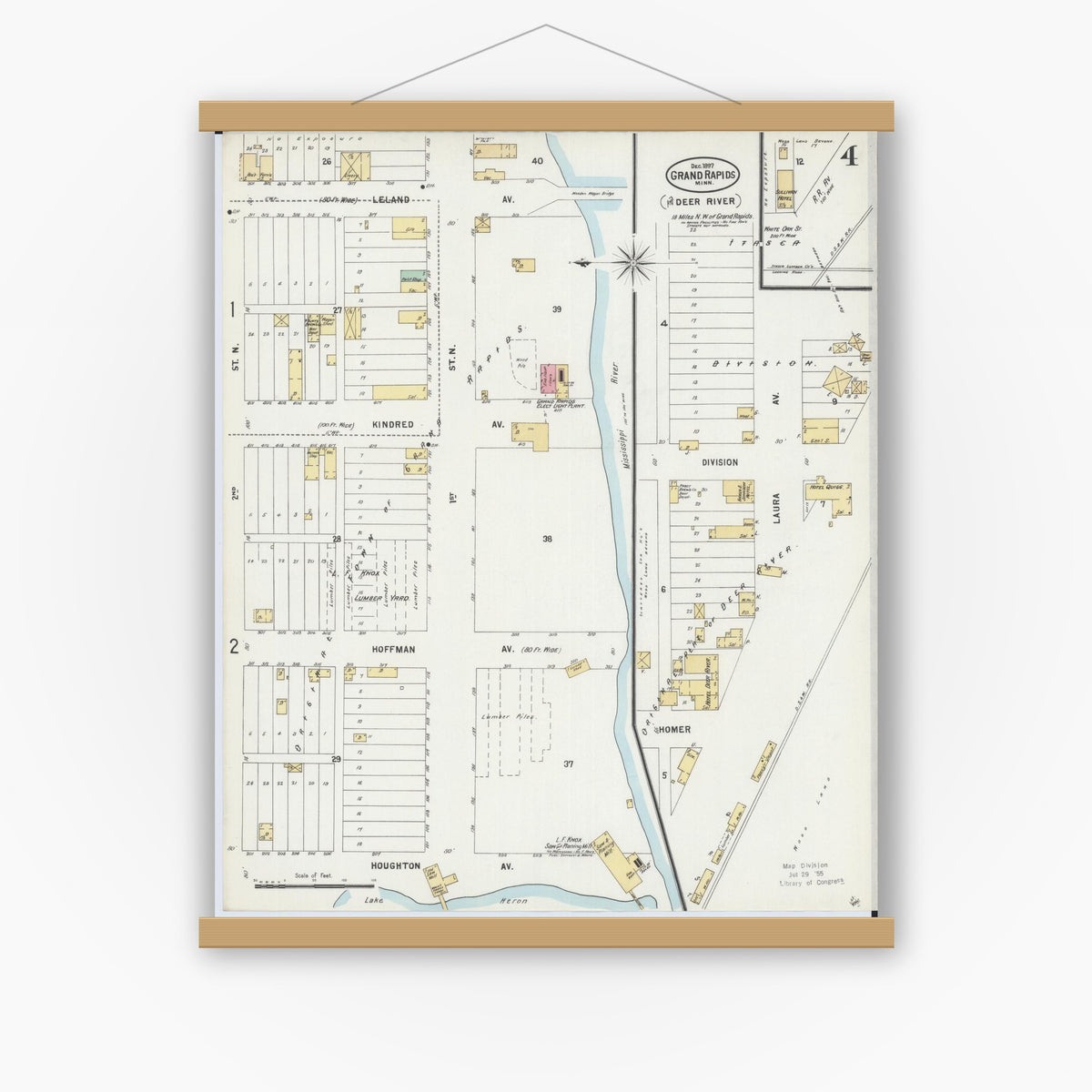 Old map wall art mockup — magnetic wood frame on white wall — Sanborn Fire Insurance Map from Grand Rapids, Itasca County, Minnesota (1897), Sheet #0004