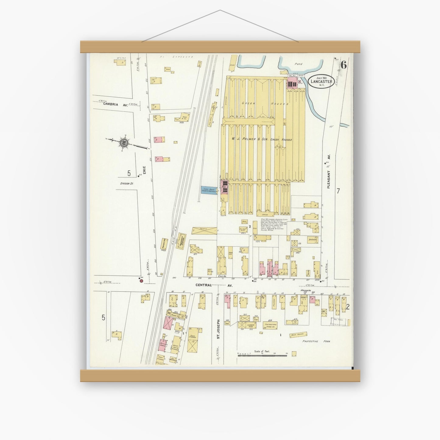 Old map wall art mockup — magnetic wood frame on white wall — Sanborn Fire Insurance Map from Lancaster, Erie County, New York (1911), Sheet #0006