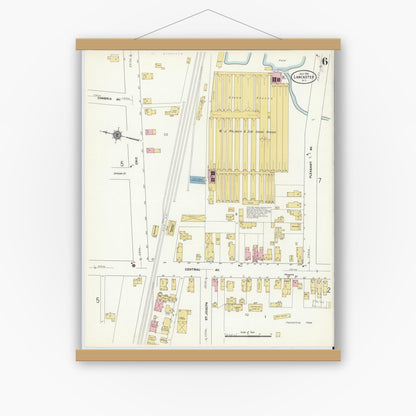 Old map wall art mockup — magnetic wood frame on white wall — Sanborn Fire Insurance Map from Lancaster, Erie County, New York (1911), Sheet #0006