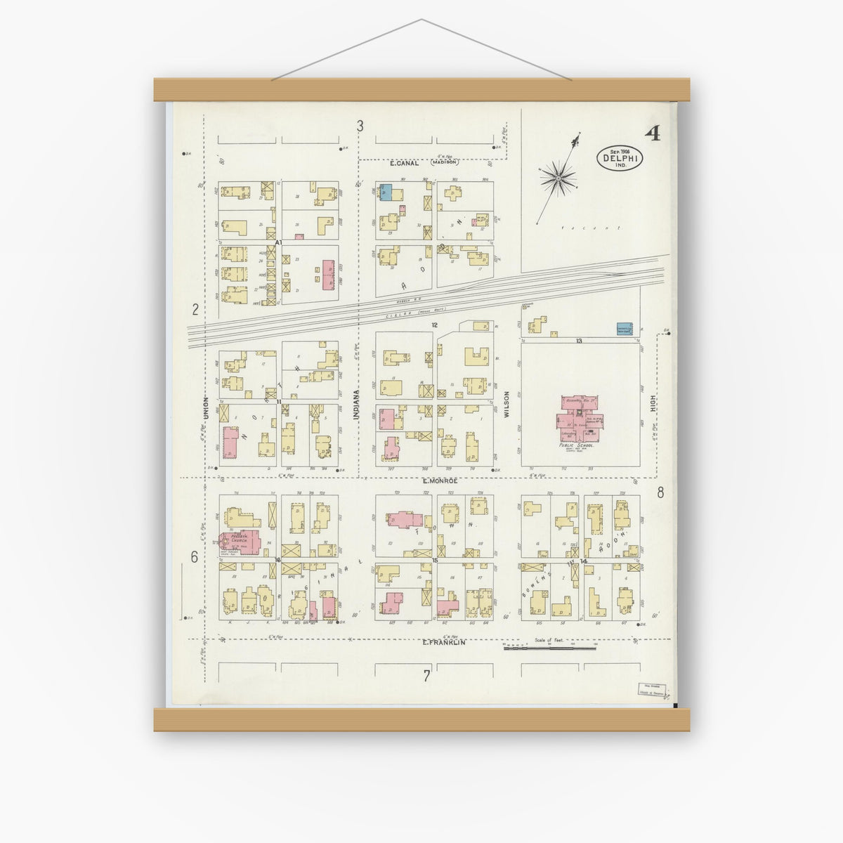 Old map wall art mockup — magnetic wood frame on white wall — Sanborn Fire Insurance Map from Delphi, Carroll County, Indiana (1906), Sheet #0004