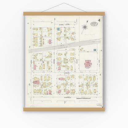 Old map wall art mockup — magnetic wood frame on white wall — Sanborn Fire Insurance Map from Delphi, Carroll County, Indiana (1906), Sheet #0004