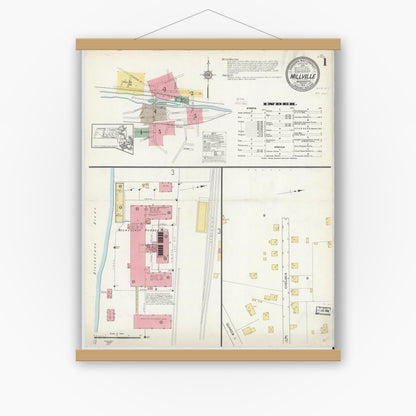 Old map wall art mockup — magnetic wood frame on white wall — Sanborn Fire Insurance Map from Millville, Worcester County, Massachusetts (1913), Sheet #0001