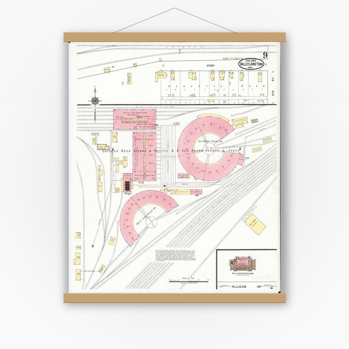 Old map wall art mockup — magnetic wood frame on white wall — Sanborn Fire Insurance Map from Valley Junction, Polk County, Iowa (1920), Sheet #0009