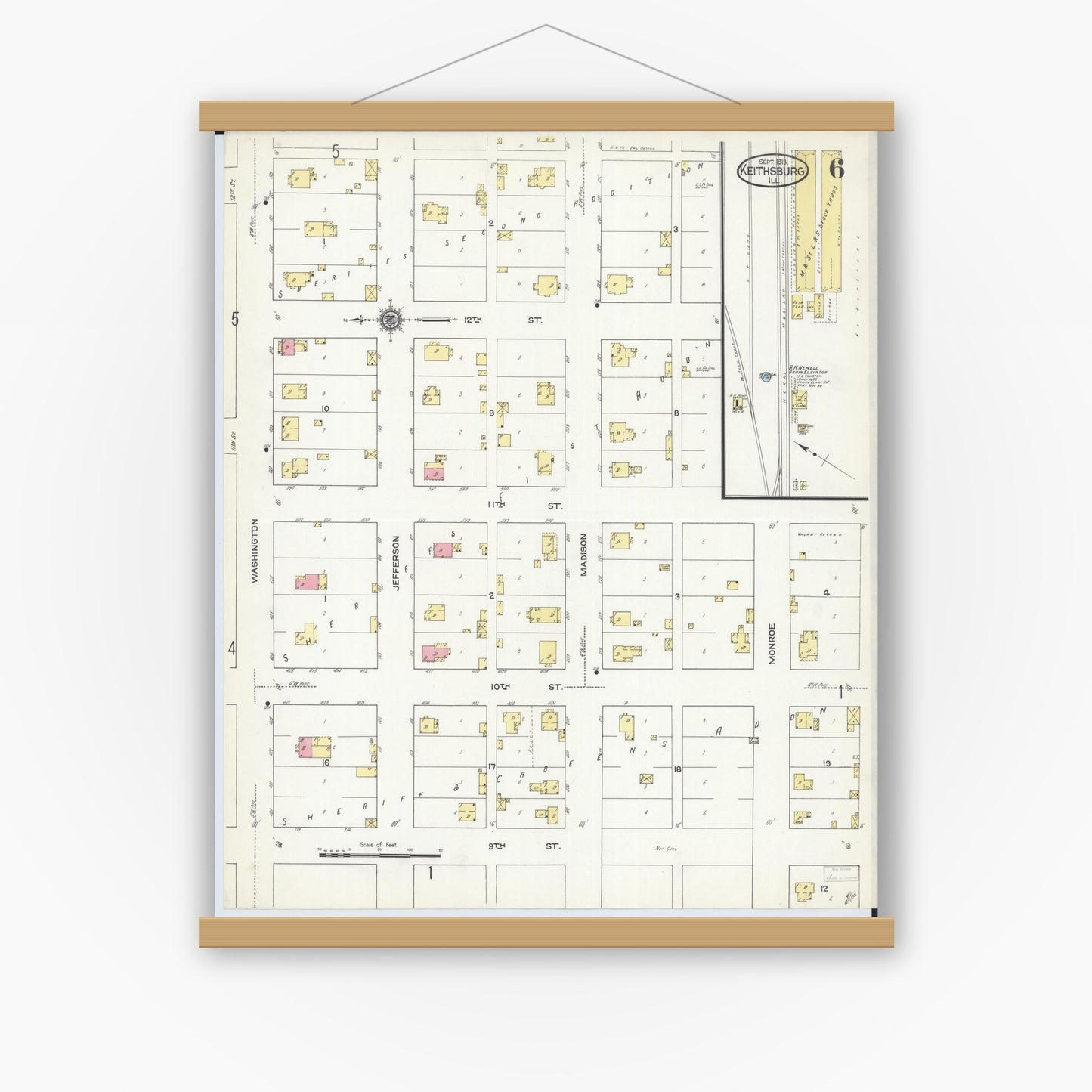 Old map wall art mockup — magnetic wood frame on white wall — Sanborn Fire Insurance Map from Keithsburg, Mercer County, Illinois (1913), Sheet #0006