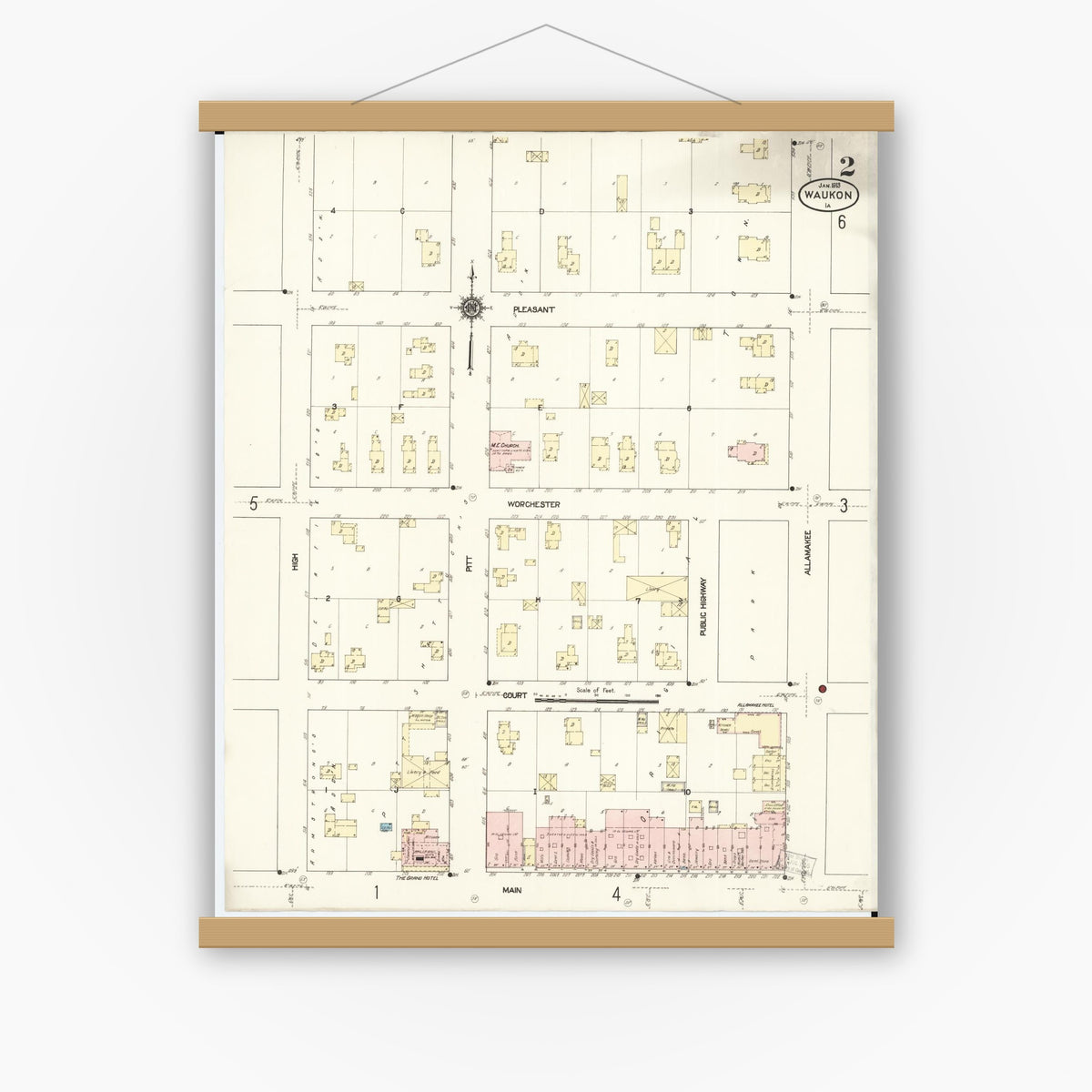 Old map wall art mockup — magnetic wood frame on white wall — Sanborn Fire Insurance Map from Waukon, Allamakee County, Iowa (1913), Sheet #0002
