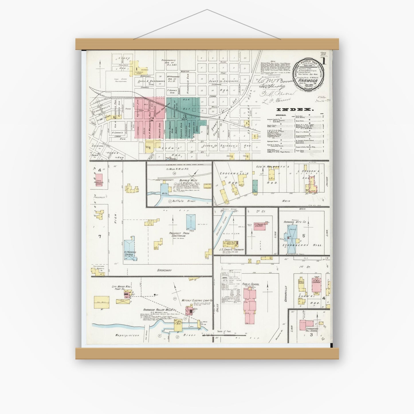 Old map wall art mockup — magnetic wood frame on white wall — Sanborn Fire Insurance Map from Anamosa, Jones County, Iowa (1893) â€” Complete Set