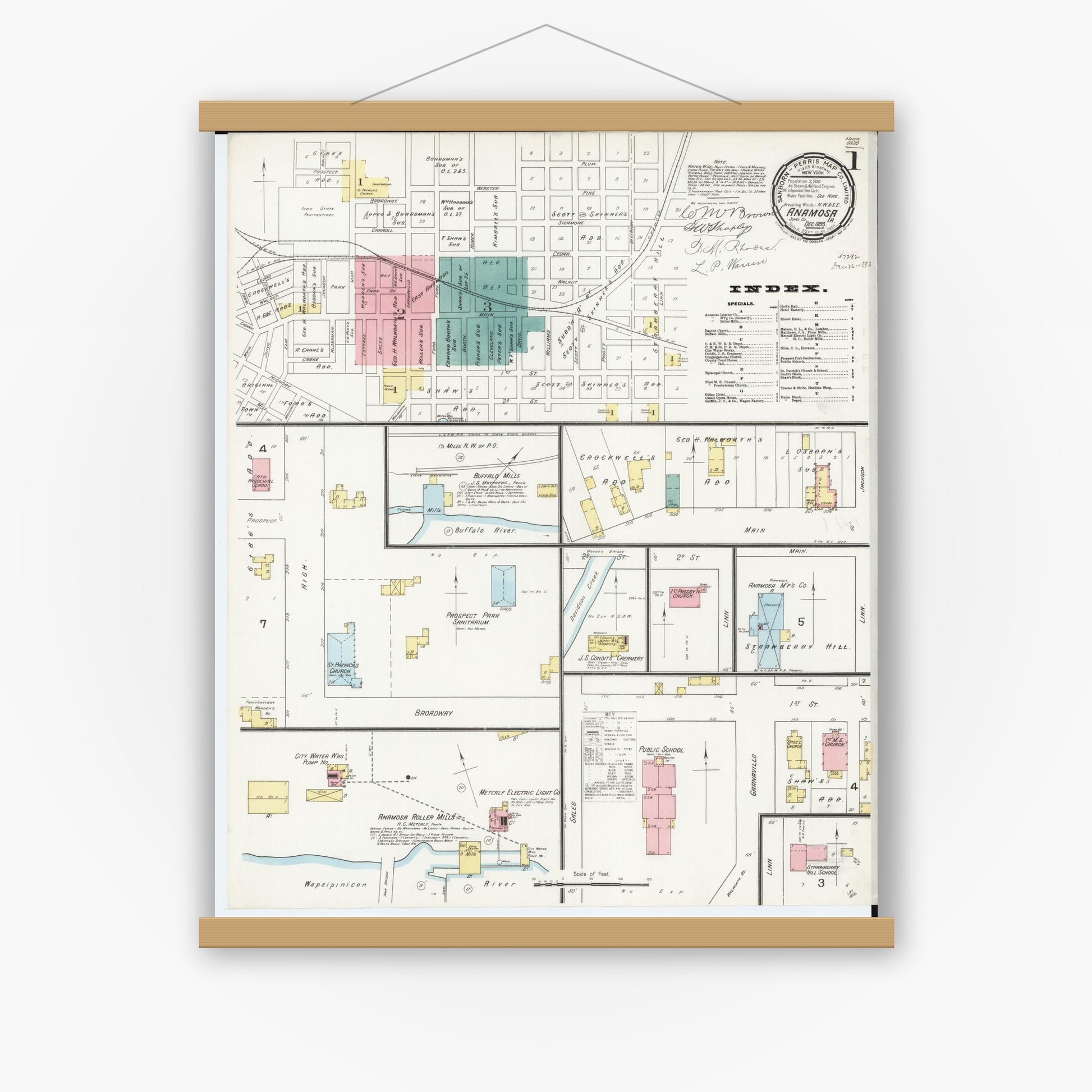 Old map wall art mockup — magnetic wood frame on white wall — Sanborn Fire Insurance Map from Anamosa, Jones County, Iowa (1893) â€” Complete Set