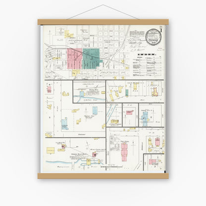 Old map wall art mockup — magnetic wood frame on white wall — Sanborn Fire Insurance Map from Anamosa, Jones County, Iowa (1893) â€” Complete Set