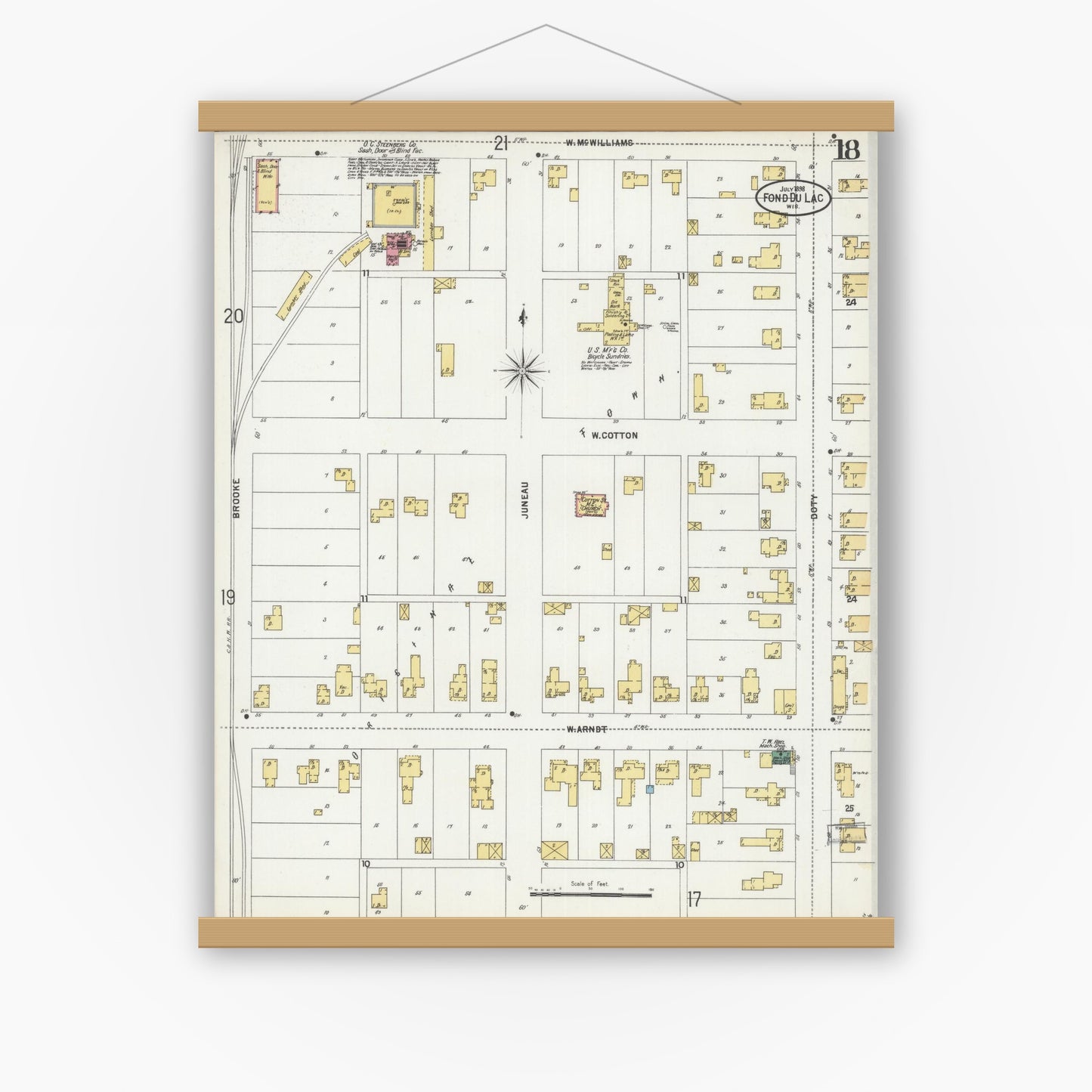 Old map wall art mockup — magnetic wood frame on white wall — Sanborn Fire Insurance Map from Fond du Lac, Fond du Lac County, Wisconsin (1898), Sheet #0018