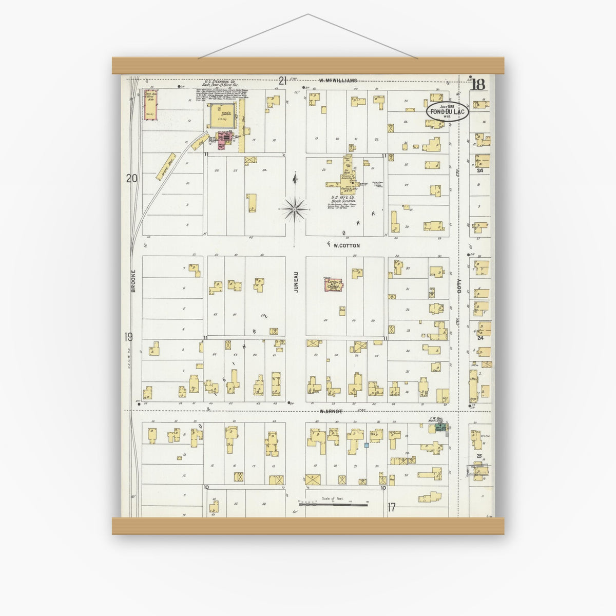 Old map wall art mockup — magnetic wood frame on white wall — Sanborn Fire Insurance Map from Fond du Lac, Fond du Lac County, Wisconsin (1898), Sheet #0018