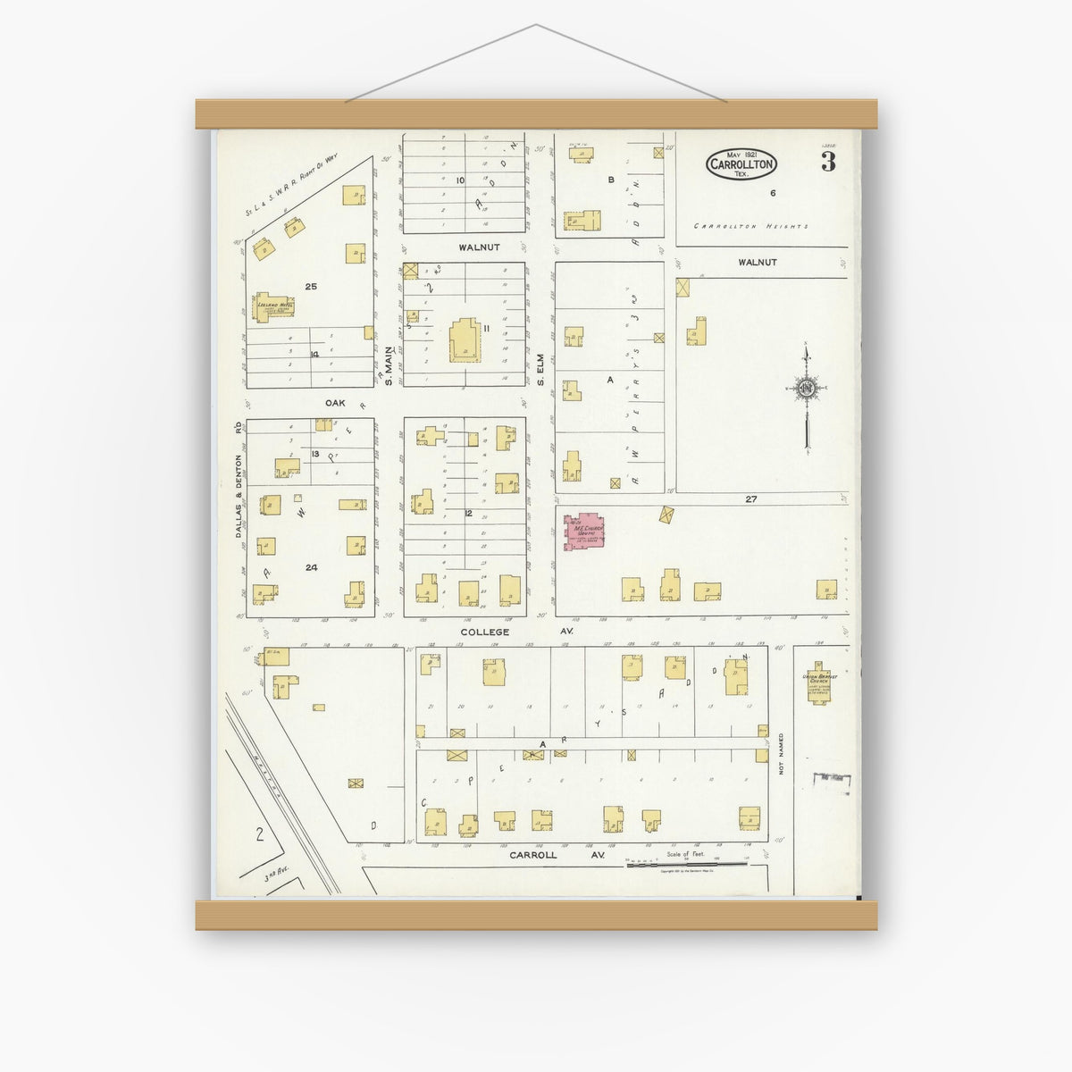 Old map wall art mockup — magnetic wood frame on white wall — Sanborn Fire Insurance Map from Carrollton, Dallas County, Texas (1921), Sheet #0003