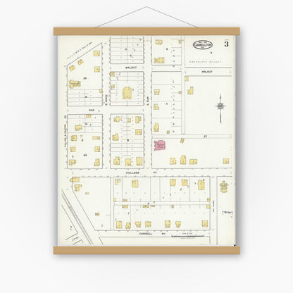 Old map wall art mockup — magnetic wood frame on white wall — Sanborn Fire Insurance Map from Carrollton, Dallas County, Texas (1921), Sheet #0003