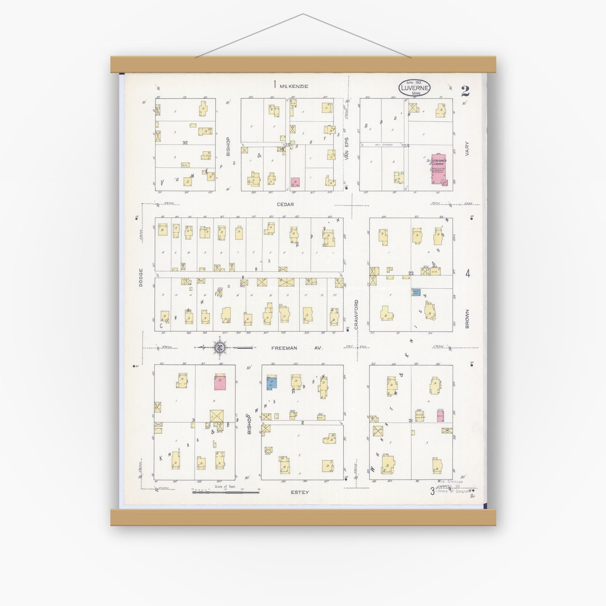 Old map wall art mockup — magnetic wood frame on white wall — Sanborn Fire Insurance Map from Luverne, Rock County, Minnesota (1913), Sheet #0002