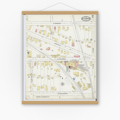Old map wall art mockup — magnetic wood frame on white wall — Sanborn Fire Insurance Map from Bellefontaine, Logan County, Ohio (1892), Sheet #0007