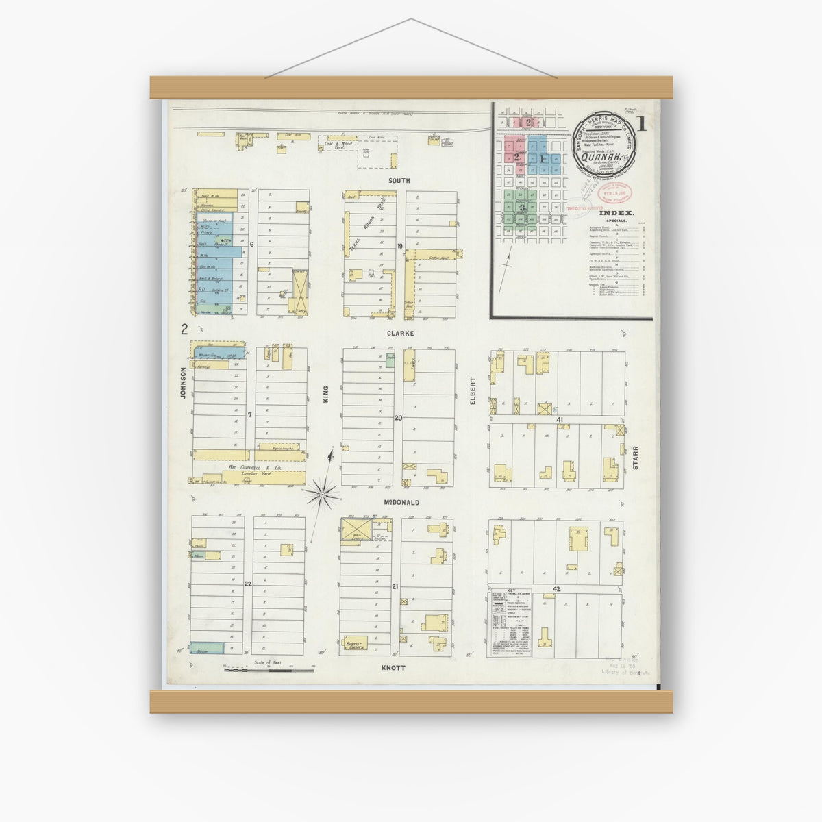 Old map wall art mockup — magnetic wood frame on white wall — Sanborn Fire Insurance Map from Quanah, Hardeman County, Texas (1898), Sheet #0001