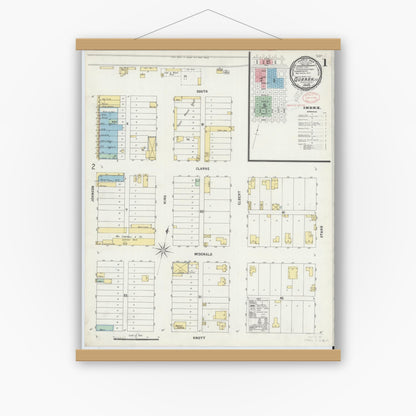 Old map wall art mockup — magnetic wood frame on white wall — Sanborn Fire Insurance Map from Quanah, Hardeman County, Texas (1898), Sheet #0001