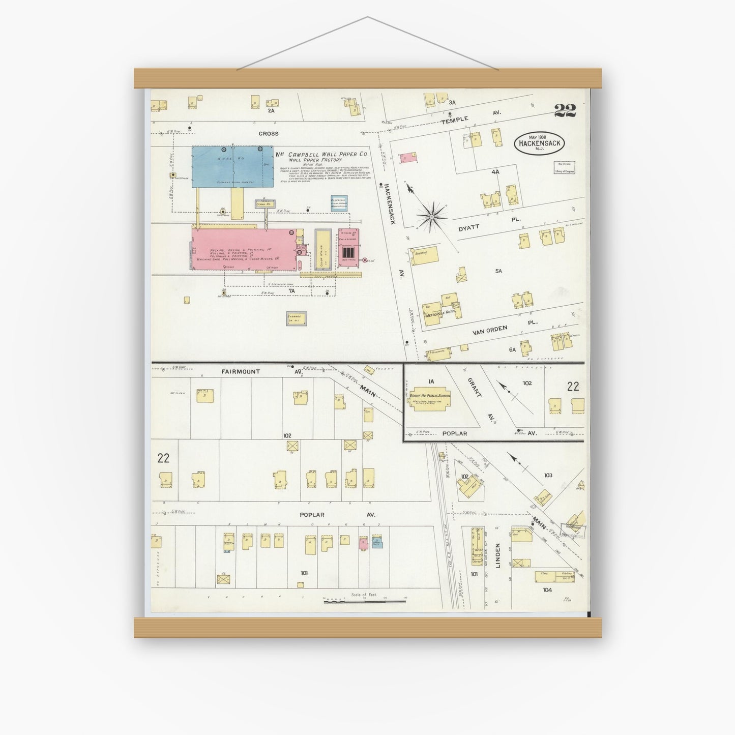 Old map wall art mockup — magnetic wood frame on white wall — Sanborn Fire Insurance Map from Hackensack, Bergen County, New Jersey (1908), Sheet #0022
