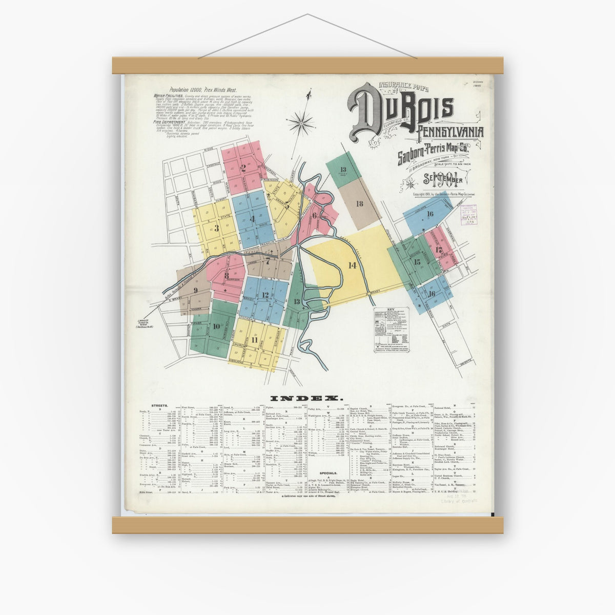 Old map wall art mockup — magnetic wood frame on white wall — Sanborn Fire Insurance Map from Du Bois, Clearfield County, Pennsylvania (1901), Sheet #0001