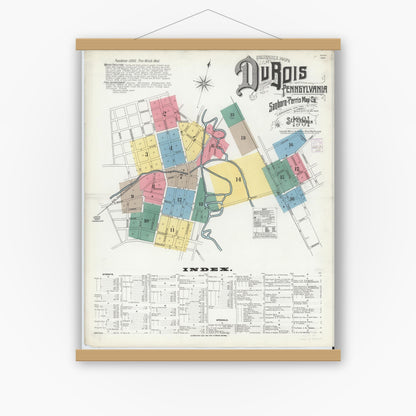 Old map wall art mockup — magnetic wood frame on white wall — Sanborn Fire Insurance Map from Du Bois, Clearfield County, Pennsylvania (1901), Sheet #0001