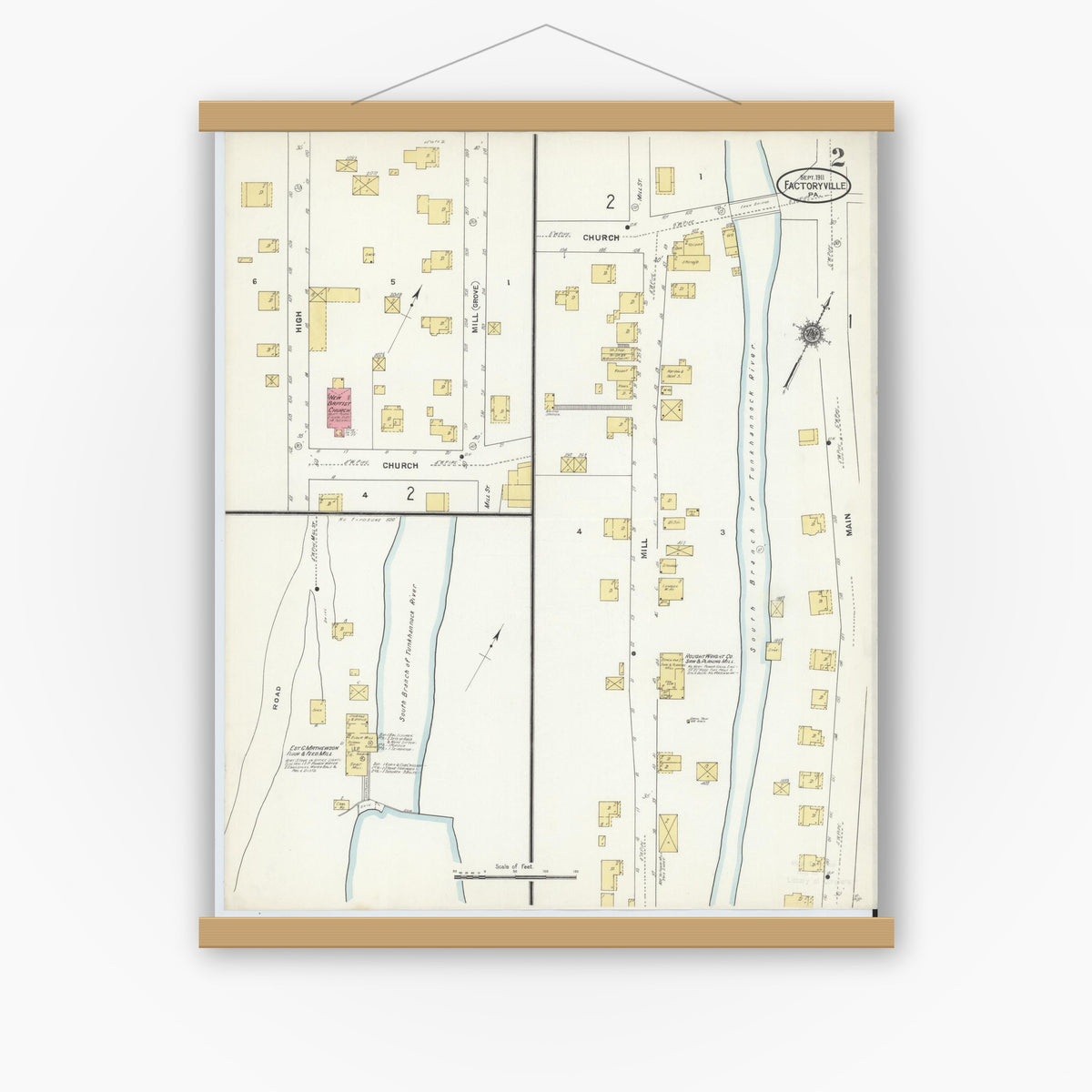 Old map wall art mockup — magnetic wood frame on white wall — Sanborn Fire Insurance Map from Factoryville, Wyoming County, Pennsylvania (1911), Sheet #0002