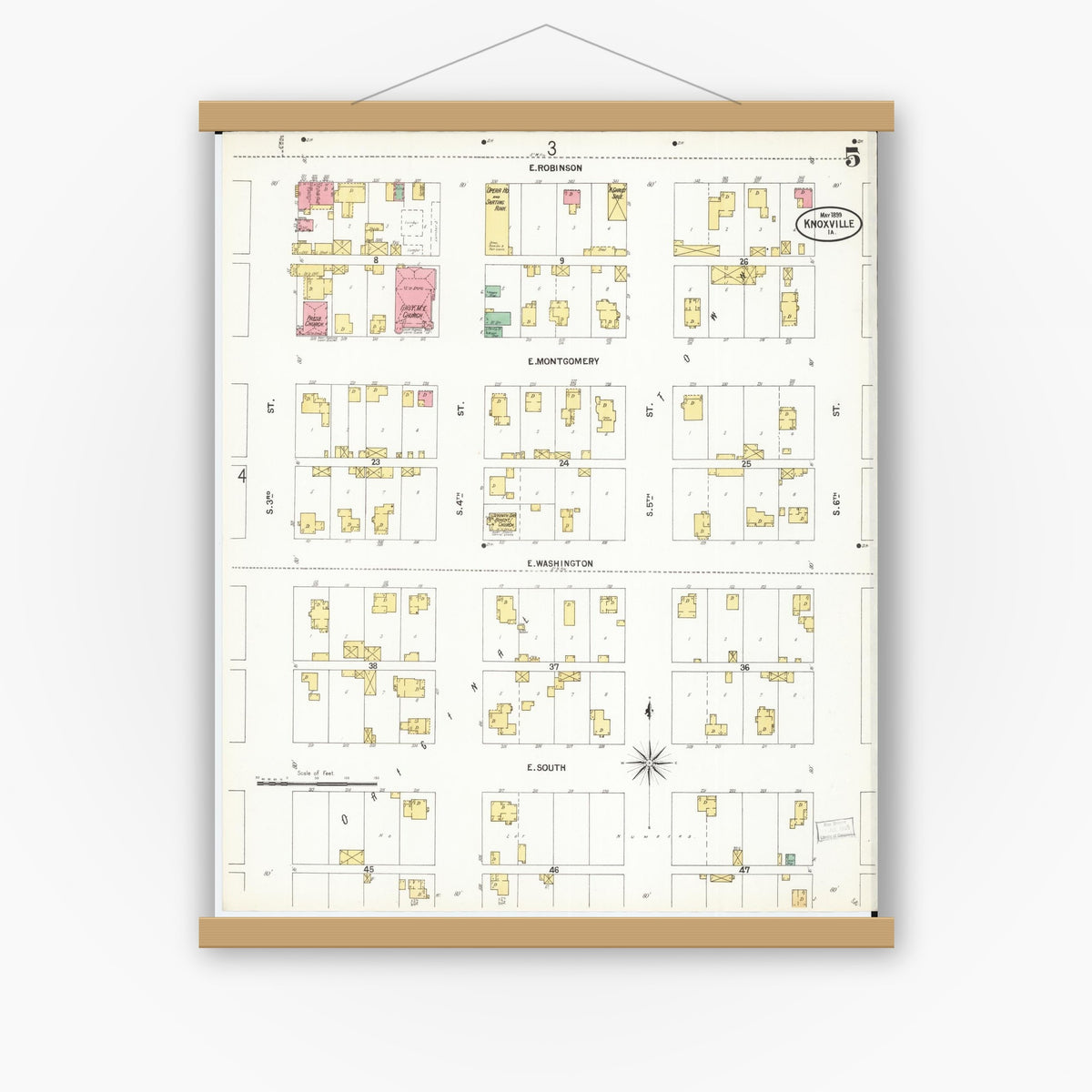 Old map wall art mockup — magnetic wood frame on white wall — Sanborn Fire Insurance Map from Knoxville, Marion County, Iowa (1899), Sheet #0005