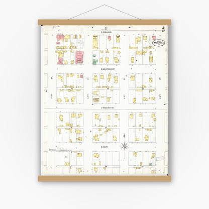 Old map wall art mockup — magnetic wood frame on white wall — Sanborn Fire Insurance Map from Knoxville, Marion County, Iowa (1899), Sheet #0005