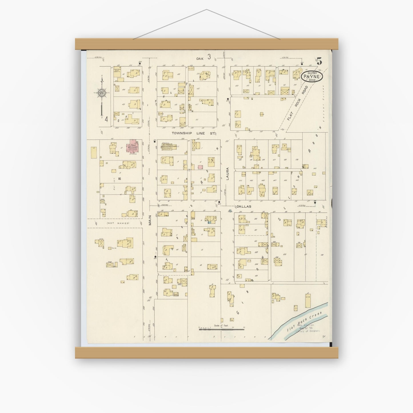 Old map wall art mockup — magnetic wood frame on white wall — Sanborn Fire Insurance Map from Payne, Paulding County, Ohio (1913), Sheet #0005