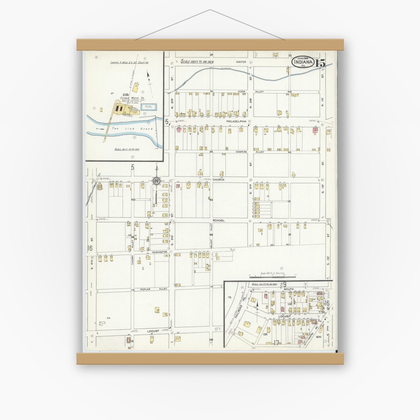 Old map wall art mockup — magnetic wood frame on white wall — Sanborn Fire Insurance Map from Indiana, Indiana County, Pennsylvania (1916), Sheet #0015