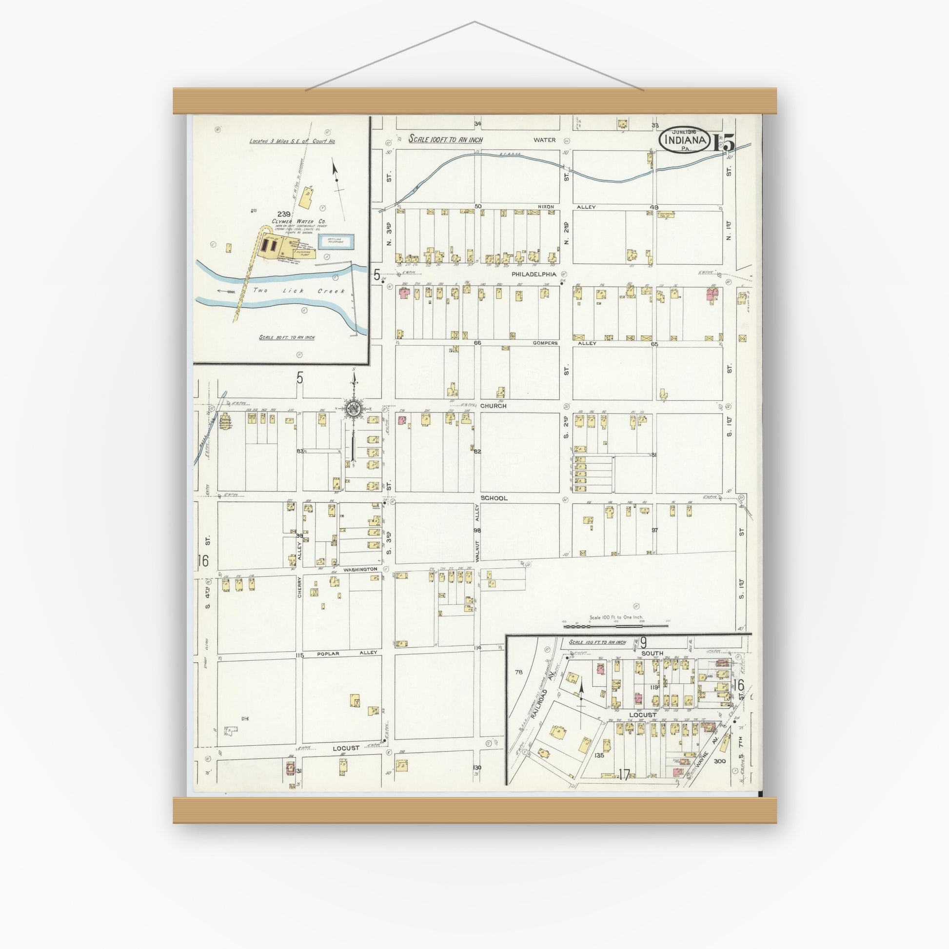 Old map wall art mockup — magnetic wood frame on white wall — Sanborn Fire Insurance Map from Indiana, Indiana County, Pennsylvania (1916), Sheet #0015