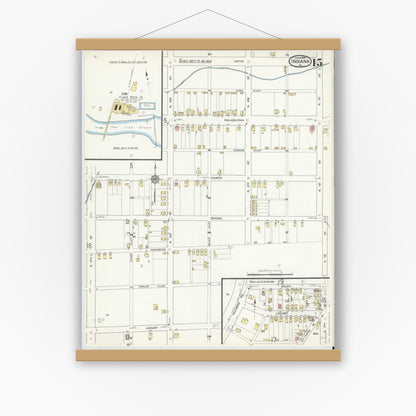 Old map wall art mockup — magnetic wood frame on white wall — Sanborn Fire Insurance Map from Indiana, Indiana County, Pennsylvania (1916), Sheet #0015