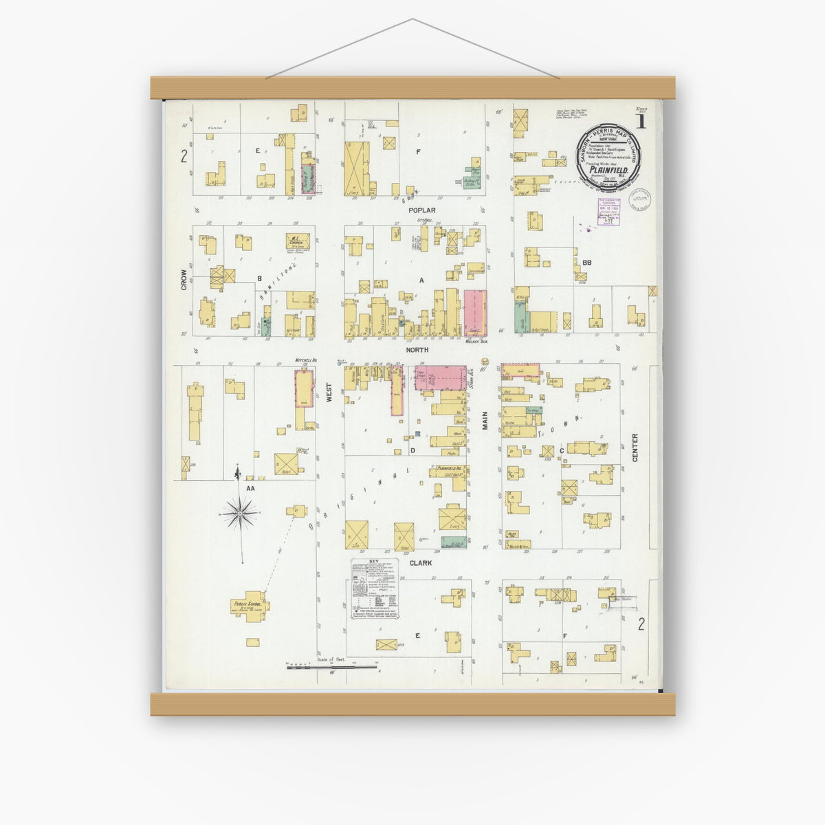 Old map wall art mockup — magnetic wood frame on white wall — Sanborn Fire Insurance Map from Plainfield, Waushara County, Wisconsin (1901) - Complete Map Set