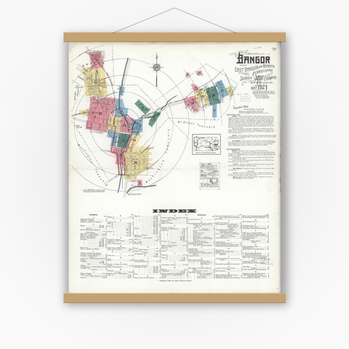 Old map wall art mockup — magnetic wood frame on white wall — Sanborn Fire Insurance Map from Bangor, Northampton County, Pennsylvania (1923) - Complete Map Set