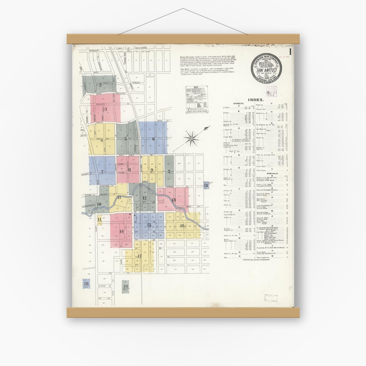 Old map wall art mockup — magnetic wood frame on white wall — Sanborn Fire Insurance Map from San Mateo, San Mateo County, California (1908) - Complete Map Set