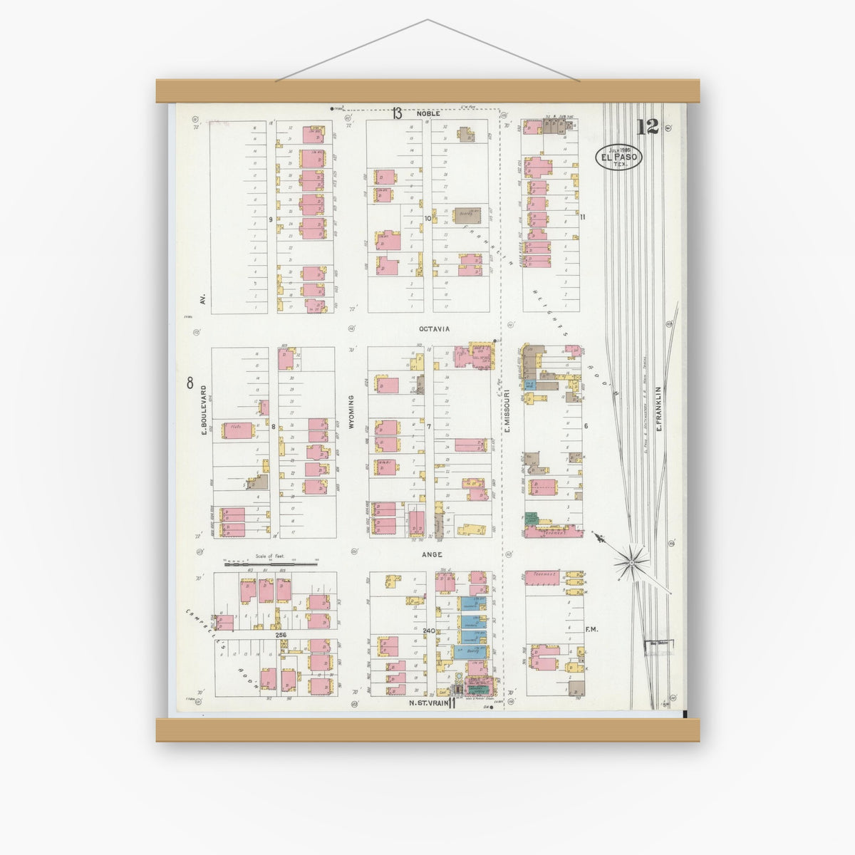 Old map wall art mockup — magnetic wood frame on white wall — Sanborn Fire Insurance Map from El Paso, El Paso County, Texas (1905), Sheet #0012