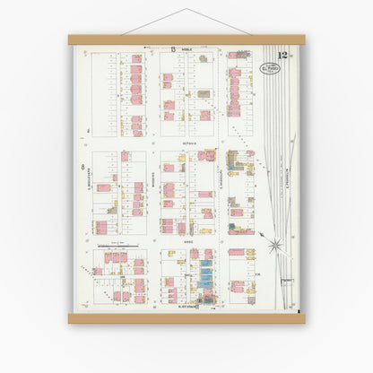 Old map wall art mockup — magnetic wood frame on white wall — Sanborn Fire Insurance Map from El Paso, El Paso County, Texas (1905), Sheet #0012