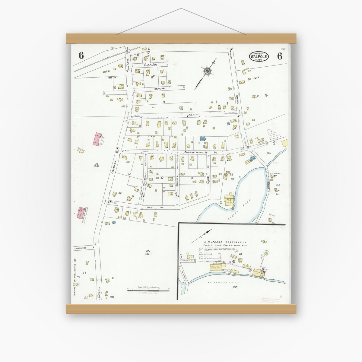 Old map wall art mockup — magnetic wood frame on white wall — Sanborn Fire Insurance Map from Walpole, Norfolk County, Massachusetts (1927), Sheet #0006