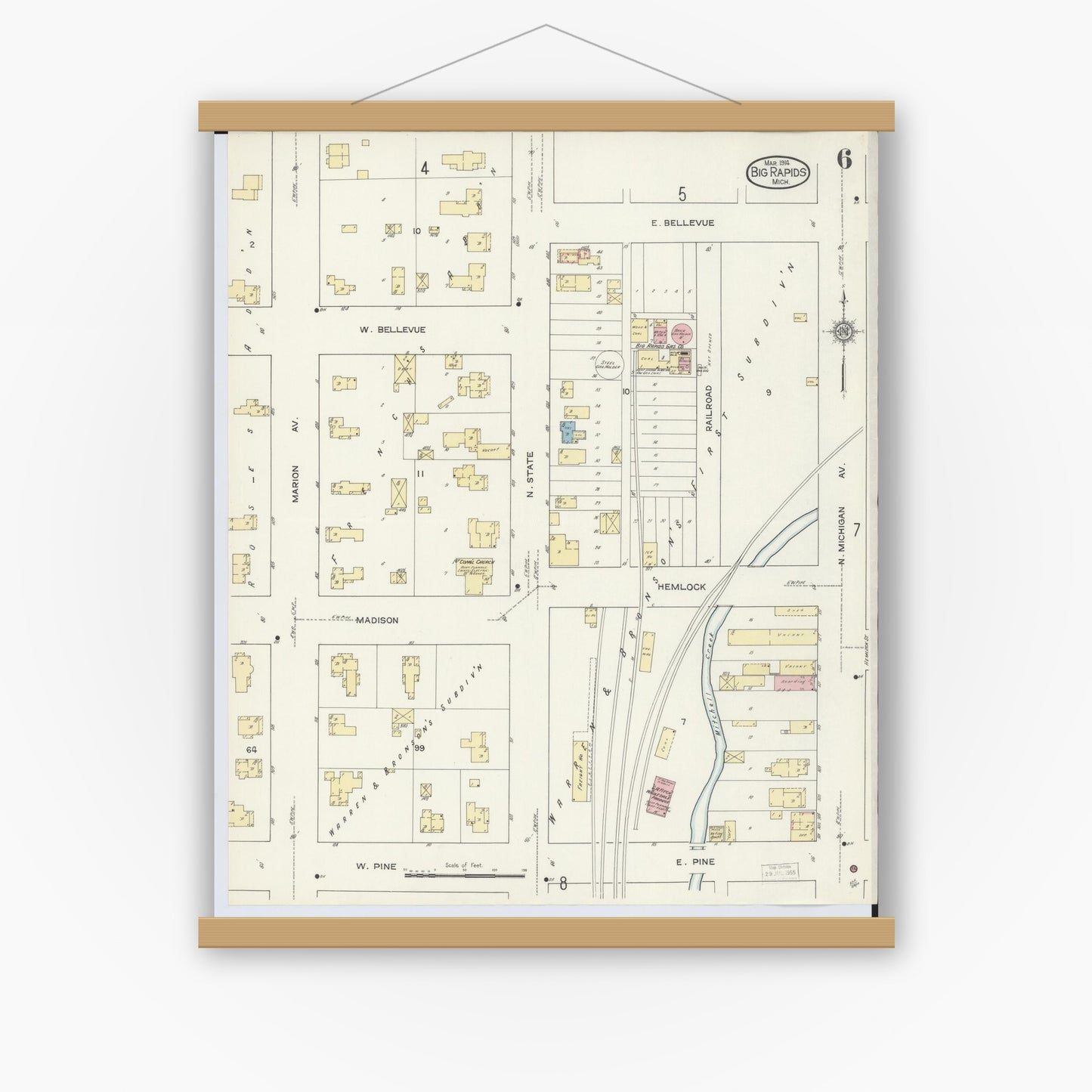Old map wall art mockup — magnetic wood frame on white wall — Sanborn Fire Insurance Map from Big Rapids, Mecosta County, Michigan (1914), Sheet #0006