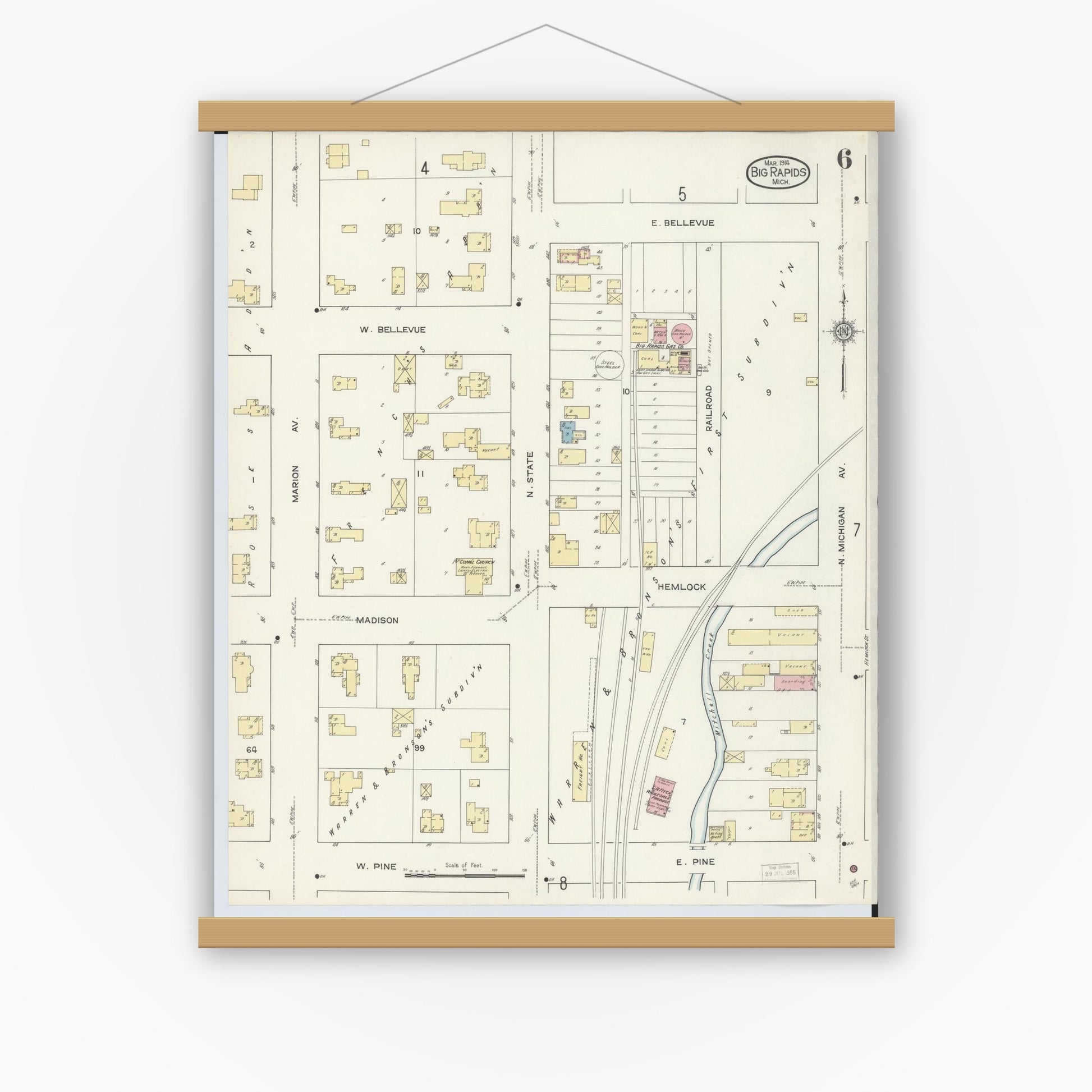 Old map wall art mockup — magnetic wood frame on white wall — Sanborn Fire Insurance Map from Big Rapids, Mecosta County, Michigan (1914), Sheet #0006