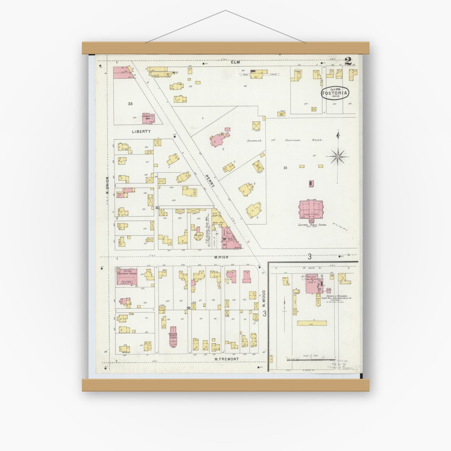 Old map wall art mockup — magnetic wood frame on white wall — Sanborn Fire Insurance Map from Fostoria, Seneca, Hancock, And Wood Counties, Ohio (1896), Sheet #0002