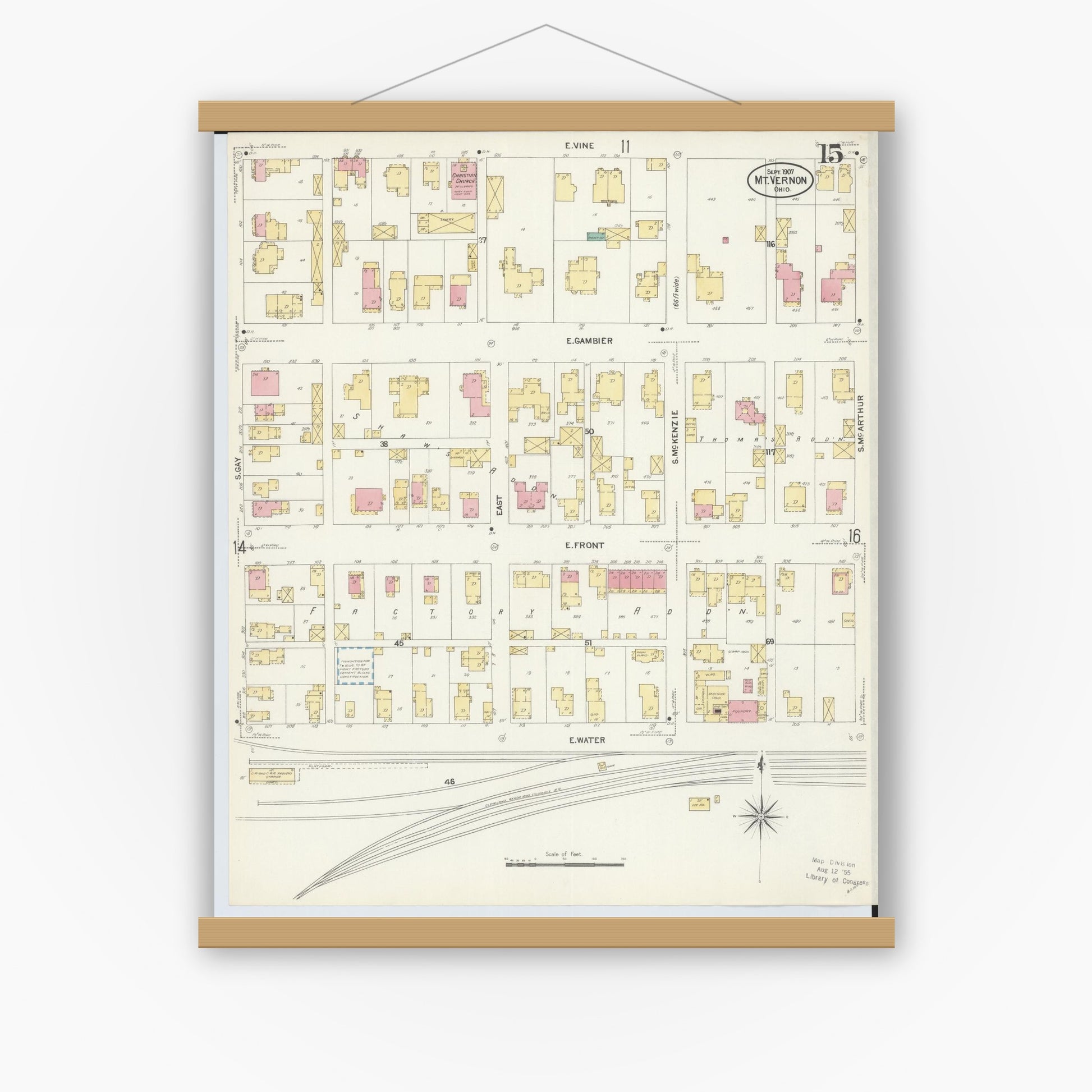 Old map wall art mockup — magnetic wood frame on white wall — Sanborn Fire Insurance Map from Mount Vernon, Knox County, Ohio (1907), Sheet #0015